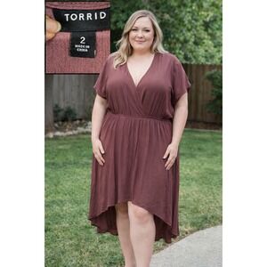 Torrid High Low Dress Womens 2 Rosewood Mauve Surplice V-Neck Rayon Plus Size‎